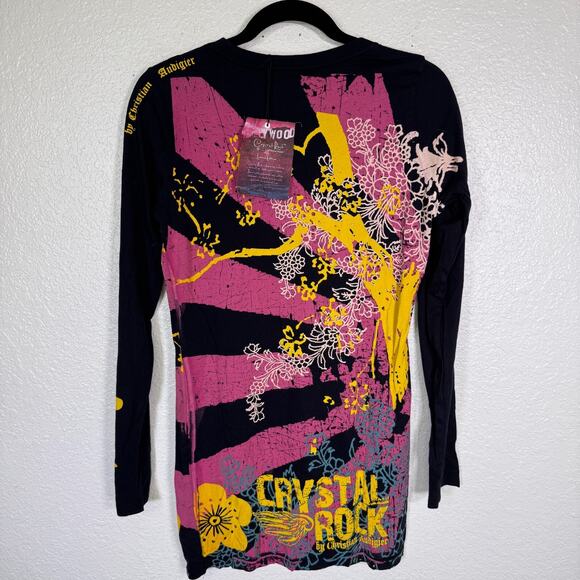 Christian Audigier Crystal Rock Y2K Shirt Womens Medium Tokyo Sun Cherry Blossom - Picture 2 of 13